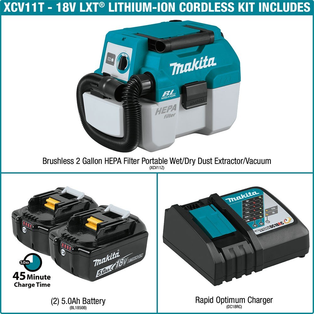 Makita XCV11T 18V LXT Portable Wet/Dry Dust Extractor/Vacuum Kit (5.0Ah)