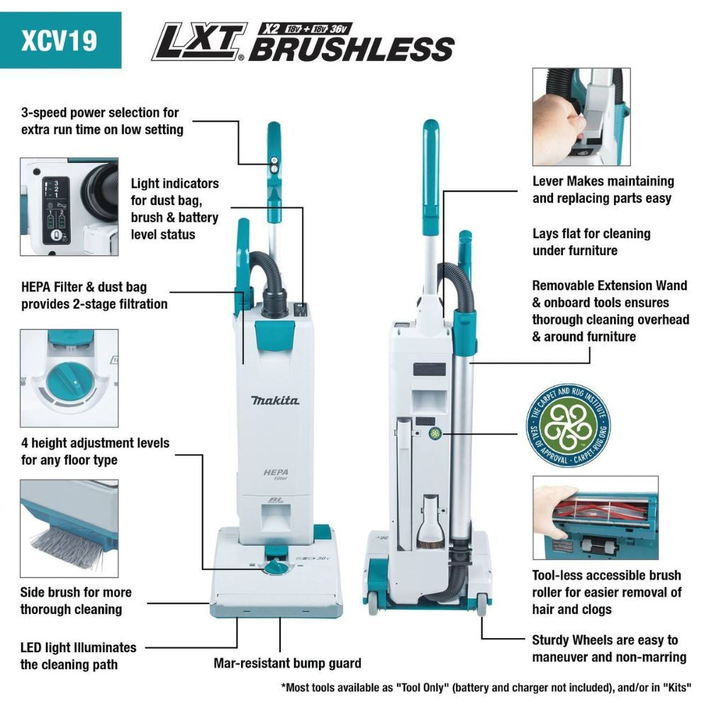 Makita XCV19PG 36V (18V X2) LXT Brushless 1.3 Gallon HEPA Filter 12" Upright Vacuum Kit (6.0Ah)