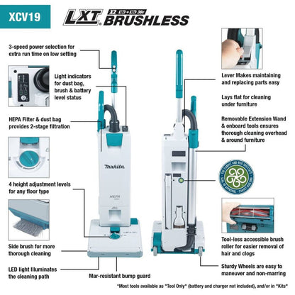 Makita XCV19PG 36V (18V X2) LXT Brushless 1.3 Gallon HEPA Filter 12" Upright Vacuum Kit (6.0Ah)