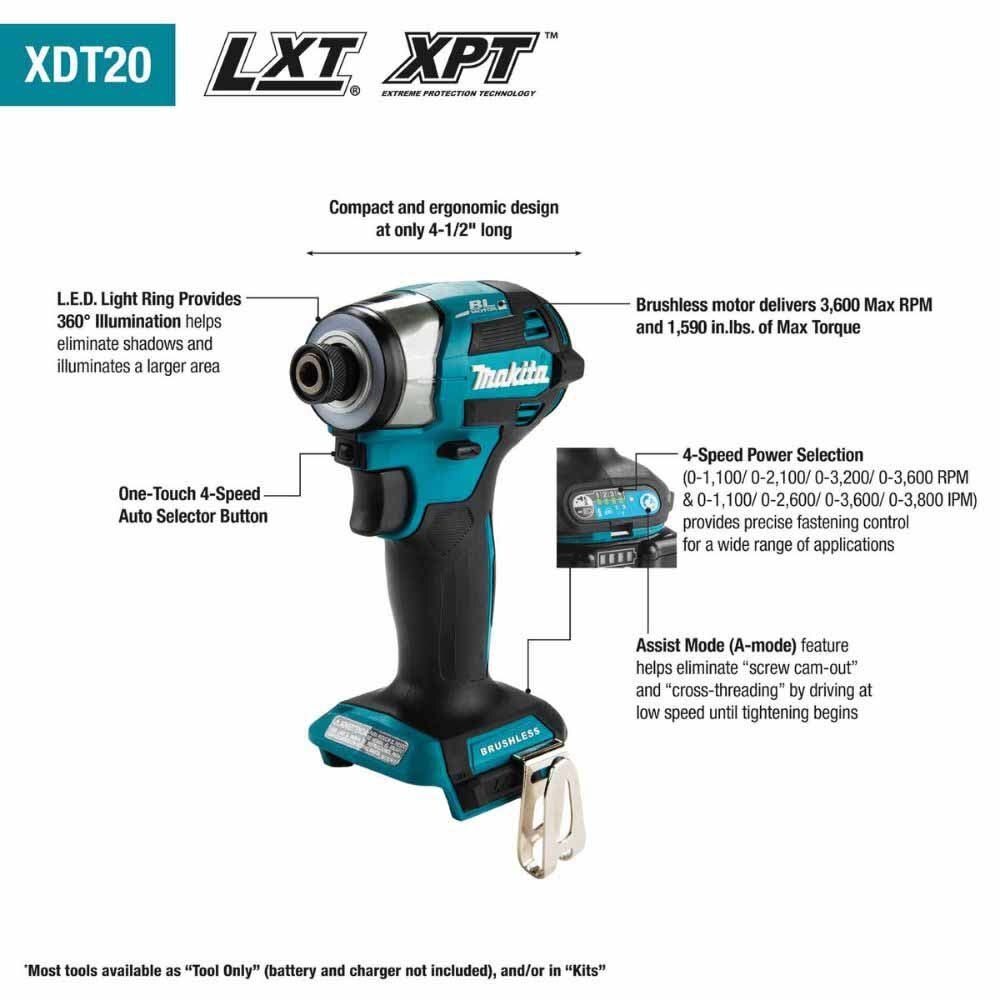 Makita XDT20T 18V LXT Lithium-Ion Brushless Cordless Quick-Shift Mode 4-Speed Impact Driver Kit