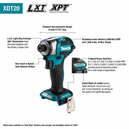 Makita XDT20T 18V LXT Lithium-Ion Brushless Cordless Quick-Shift Mode 4-Speed Impact Driver Kit