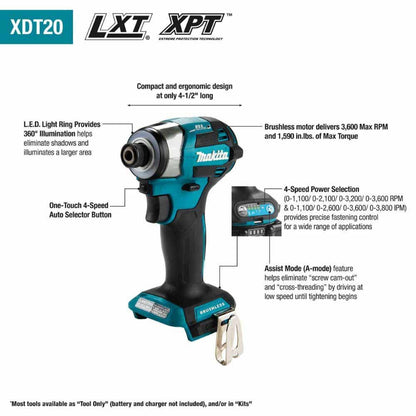 Makita XDT20Z 18V LXT Lithium-Ion Brushless Cordless Quick-Shift Mode 4-Speed Impact Driver