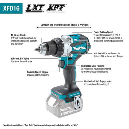Makita XFD16Z 18V LXT Lithium-Ion Brushless Cordless 1/2" Driver-Drill, Tool Only