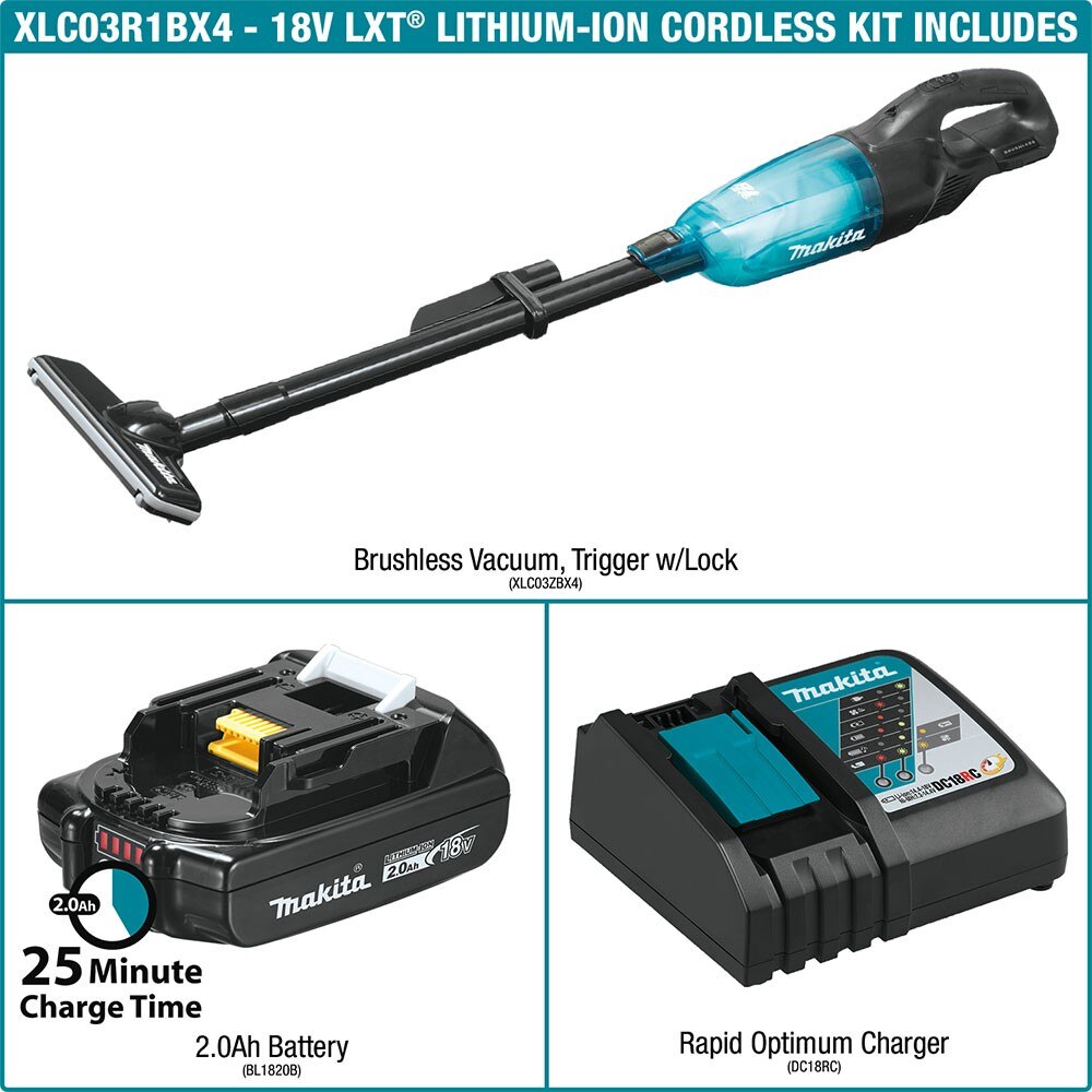 Makita XLC03R1BX4 18V LXT Brushless Cordless Vacuum Kit Trigger w/ Lock, 2.0Ah
