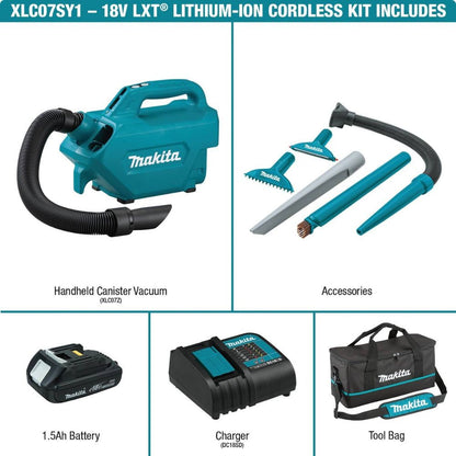 Makita XLC07SY1 18V LXT Lithium-Ion Compact Handheld Canister Vacuum Kit, with one battery (1.5Ah)