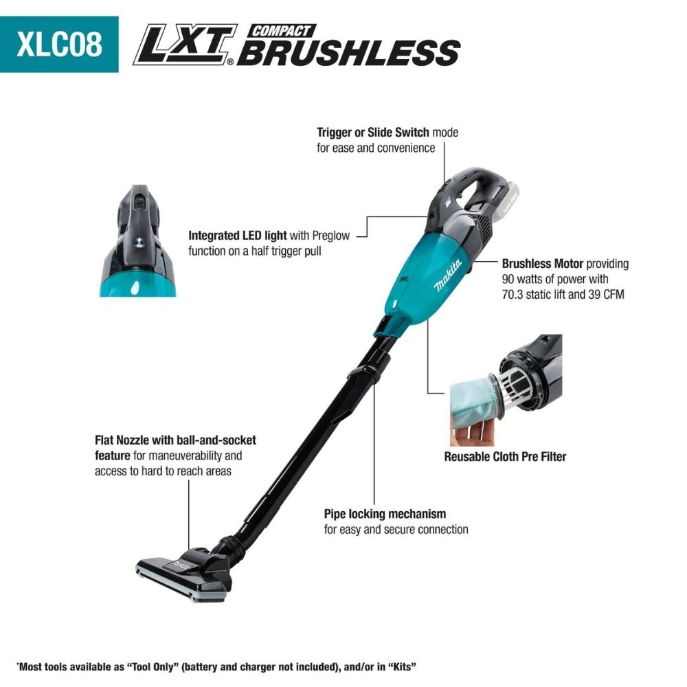 Makita XLC08R1B 18V LXT Lithium-ion Compact Brushless Cordless Vacuum Kit, Trigger w/ Lock (2.0Ah)