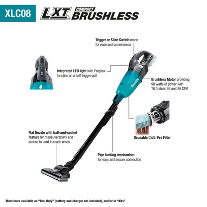 Makita XLC08R1B 18V LXT Lithium-ion Compact Brushless Cordless Vacuum Kit, Trigger w/ Lock (2.0Ah)