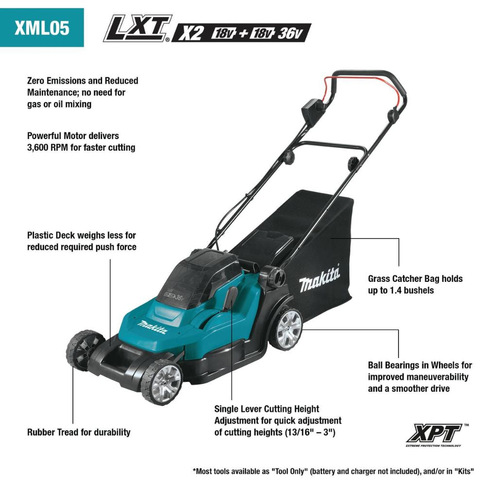 Makita XML05PT 36V (18V X2) LXT 17" Residential Lawn Mower Kit, dual port charger (5.0Ah)