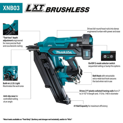 Makita XNB03M1 18V LXT Lithium-Ion Brushless Cordless 21" Full Round Head 3-1/2" Framing Nailer Kit (4.0Ah)