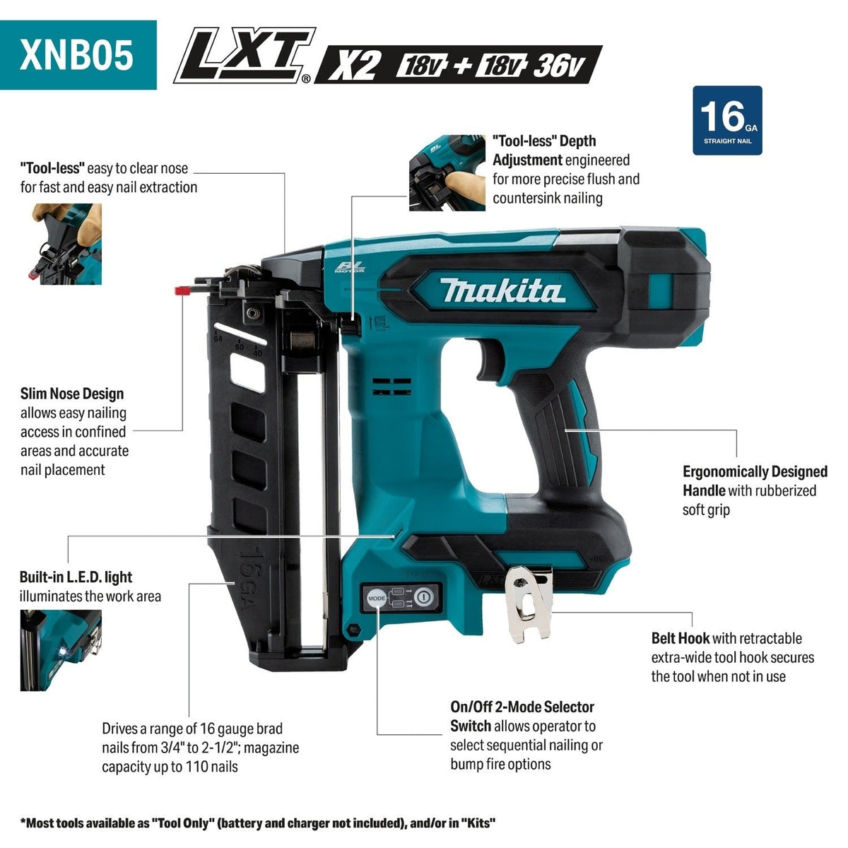 Makita XNB05Z 18V LXT Brushless Cordless 2-1/2" 16 Gauge Straight Finish Nailer, Tool Only