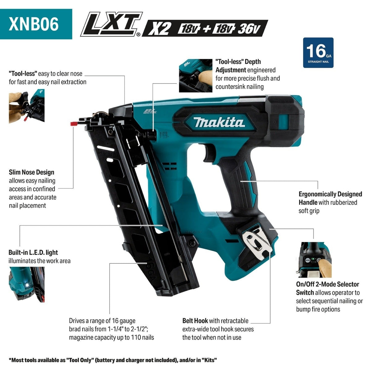 Makita XNB06Z 18V LXT Lithium-Ion Brushless Cordless 2-1/2” Angled Finish Nailer, 16 Gauge, Tool Only