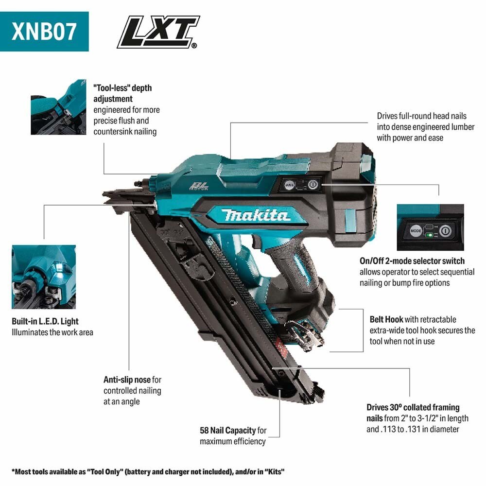 Makita XNB07Z 30 Degree Clipped Head 3-1/2 in. Framing Nailer, Tool Only (Bare Tool)