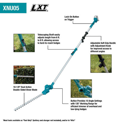Makita XNU05SM1 18V LXT Lithium-Ion Cordless 18" Telescoping Articulating Pole Hedge Trimmer Kit (4.0Ah)