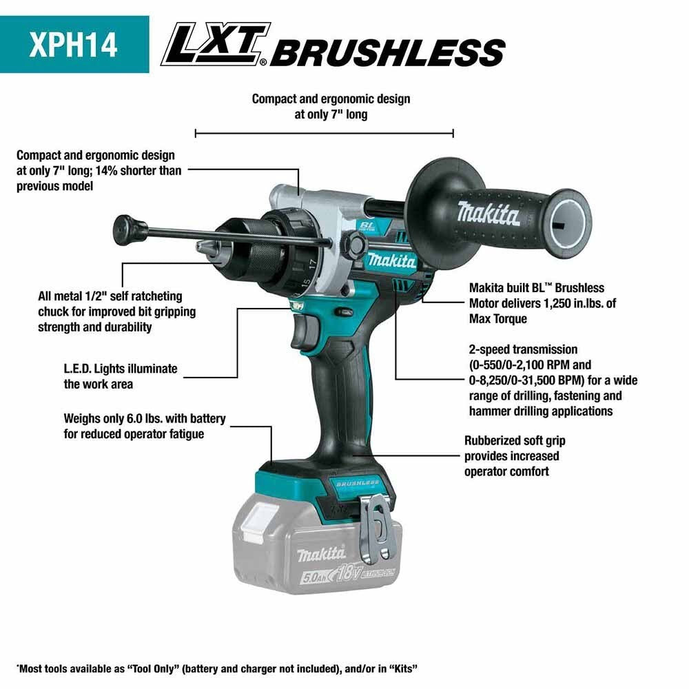 Makita XPH14T 18V LXT Lithium-Ion Brushless Cordless 1/2" Hammer Driver-Drill Kit, 2-speed, var. speed., L.E.D. Light, bag (5.0Ah)