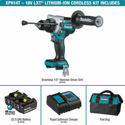 Makita XPH14T 18V LXT Lithium-Ion Brushless Cordless 1/2" Hammer Driver-Drill Kit, 2-speed, var. speed., L.E.D. Light, bag (5.0Ah)