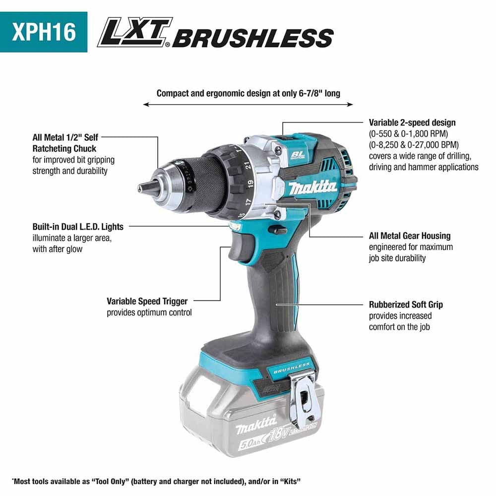 Makita XPH16T 18V LXT Lithium-Ion Compact Brushless Cordless 1/2" Hammer Driver-Drill Kit (5.0Ah)