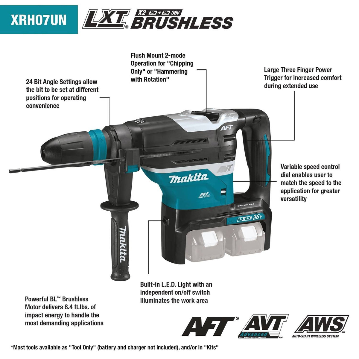 Makita XRH07ZKUN 36V (18V X2) LXT AVT Rotary Hammer, Tool Only