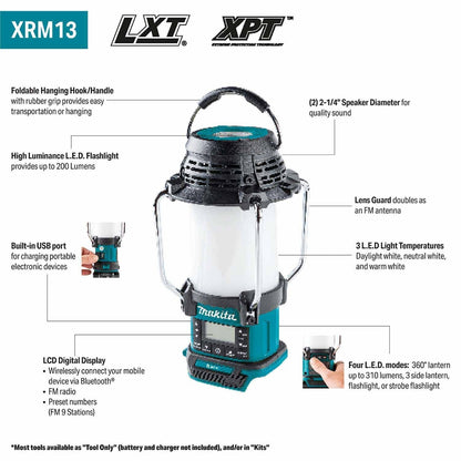 Makita XRM13 18V LXT Lithium-Ion Cordless Bluetooth Radio/LED Lantern, Tool Only