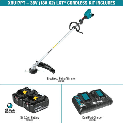 Makita XRU17PT 36V (18V X2) LXT Brushless String Trimmer Kit, dual port charger (5.0Ah)