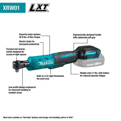 Makita XRW01SR1 18V LXT Lithium-Ion Cordless 3/8" / 1/4" Sq. Drive Ratchet Kit, interchangeable anvils, var. spd., L.E.D. Light, bag, with one battery (2.0Ah)