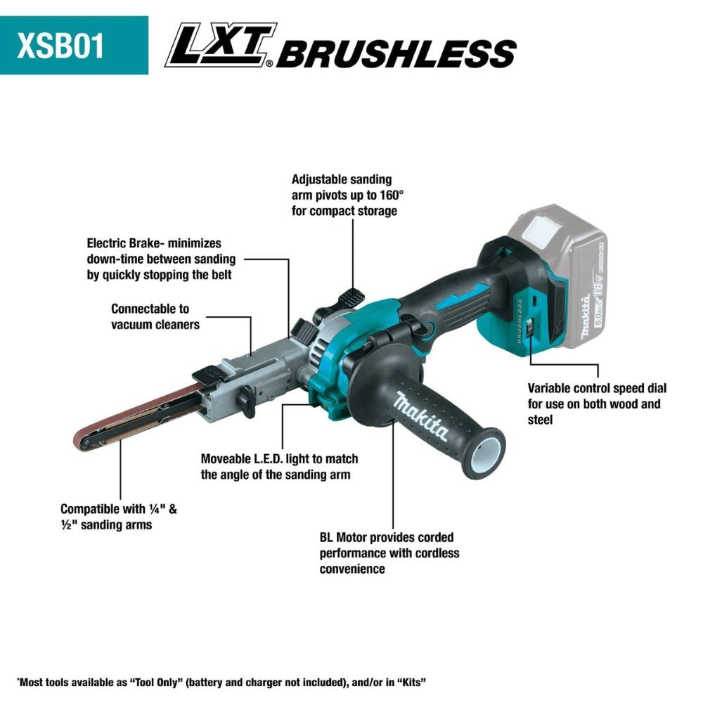 Makita XSB01TJ 18V LXT Lithium-Ion Brushless Cordless 3/8" x 21" Detail Belt Sander Kit, Bag (5.0Ah)