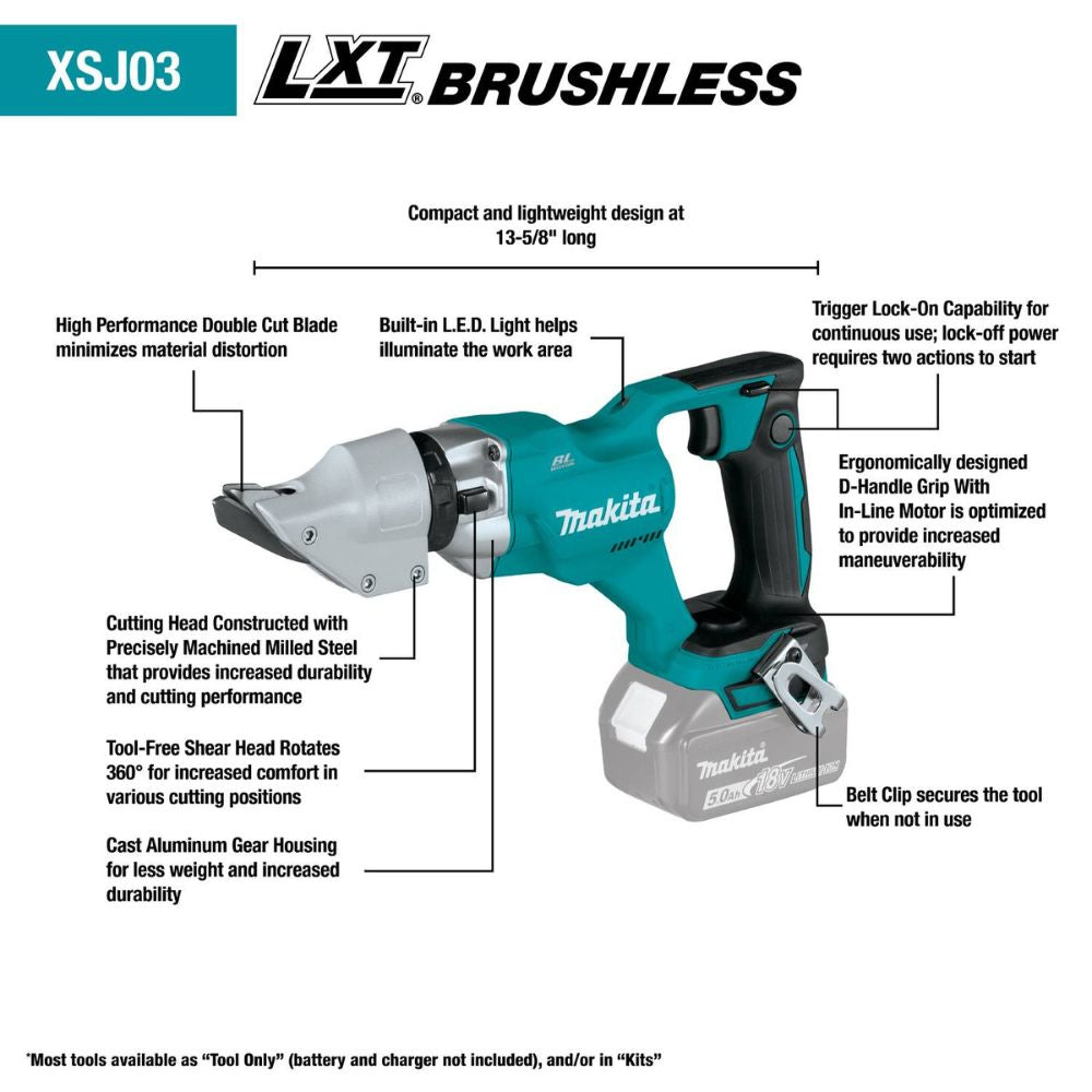 Makita XSJ03T 18V LXT Lithium-Ion Brushless Cordless 14 Gauge Straight Shear Kit, bag (5.0Ah)