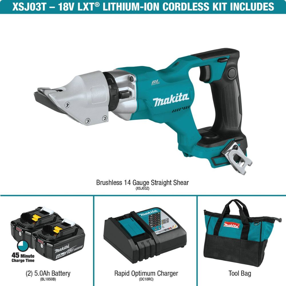 Makita XSJ03T 18V LXT Lithium-Ion Brushless Cordless 14 Gauge Straight Shear Kit, bag (5.0Ah)