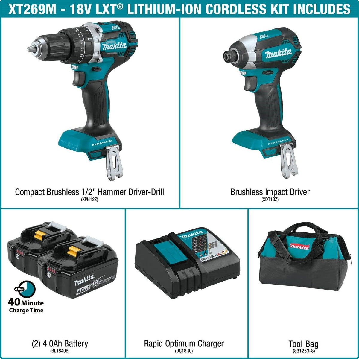 Makita XT269M 18V LXT Li-Ion BL 2-Piece Kit 4.0 Ah