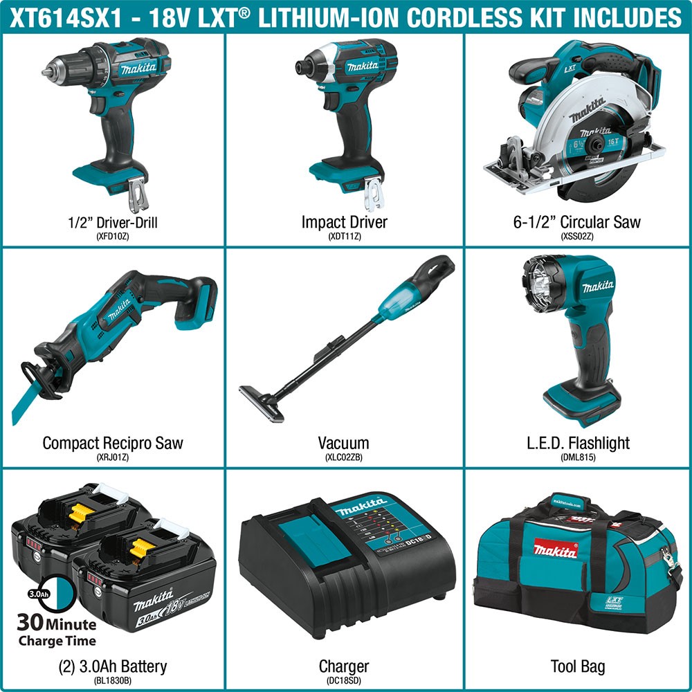 Makita XT614SX1 18V LXT Lithium-Ion Cordless 6-Piece Combo Kit (3.0Ah)