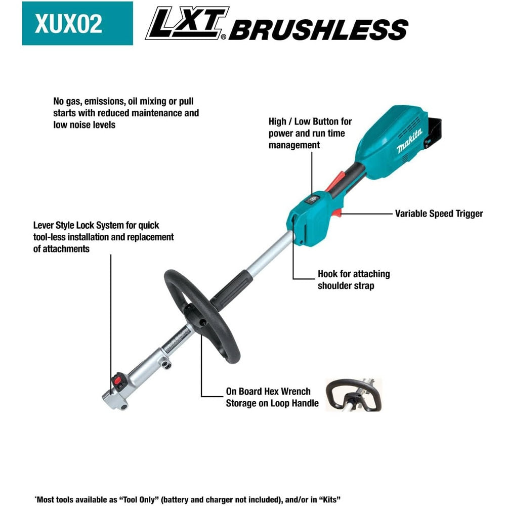 Makita XUX02SM1X5 18V LXT Brushless Couple Shaft Power Head Kit w/ String Trimmer, Pole Saw & Articulating Hedge Trimmer Attachments (4.0Ah)