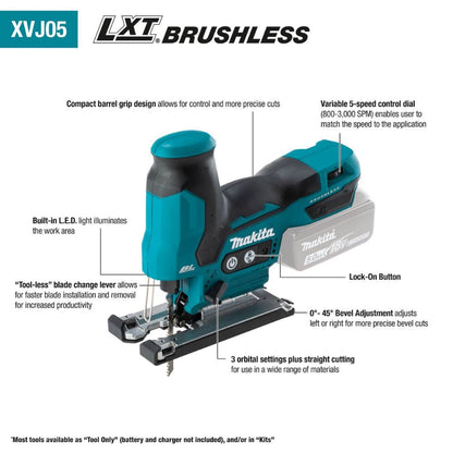 Makita XVJ05Z 18V LXT Lithium-Ion Brushless Cordless Barrel Grip Jig Saw, Tool Only