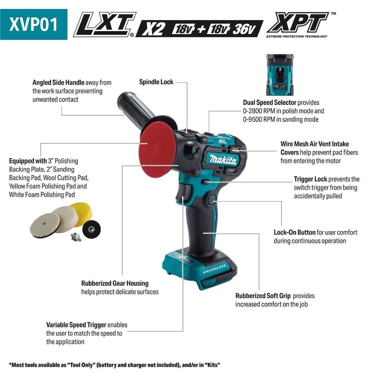 Makita XVP01Z 18V LXT Lithium?Ion Brushless Cordless 3" Polisher / 2" Sander, Tool Only