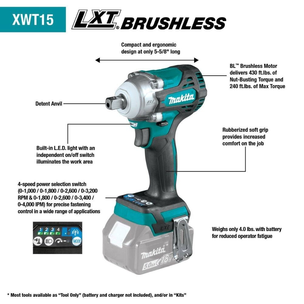 Makita XWT15T 18V LXT Lithium-Ion Brushless Cordless 4-Speed 1/2" Sq. Drive Impact Wrench Kit w/ Detent Anvil, var. spd., rev., L.E.D. Light, bag (5.0Ah)
