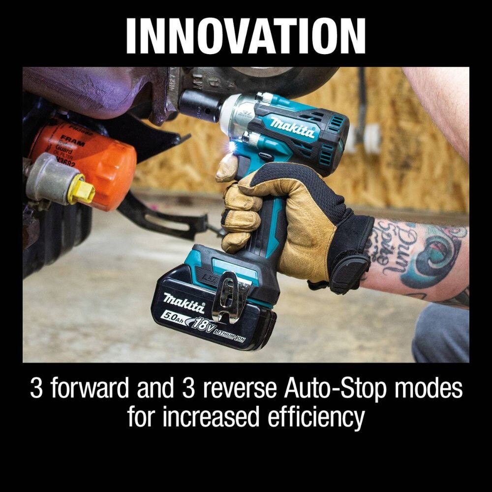 Makita XWT15T 18V LXT Lithium-Ion Brushless Cordless 4-Speed 1/2" Sq. Drive Impact Wrench Kit w/ Detent Anvil, var. spd., rev., L.E.D. Light, bag (5.0Ah)