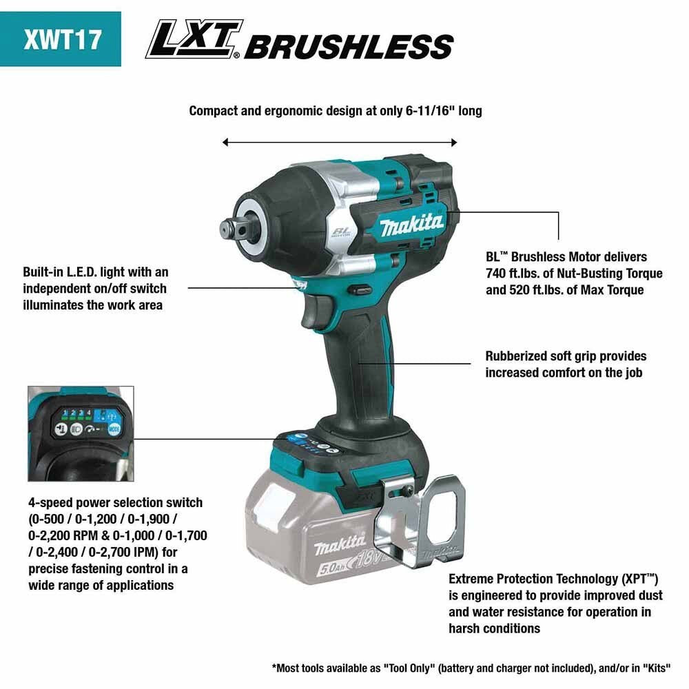 Makita XWT17T 18V LXTBrushless Cordless 4-Speed Mid-Torque 1/2" Sq. Drive Impact Wrench Kit