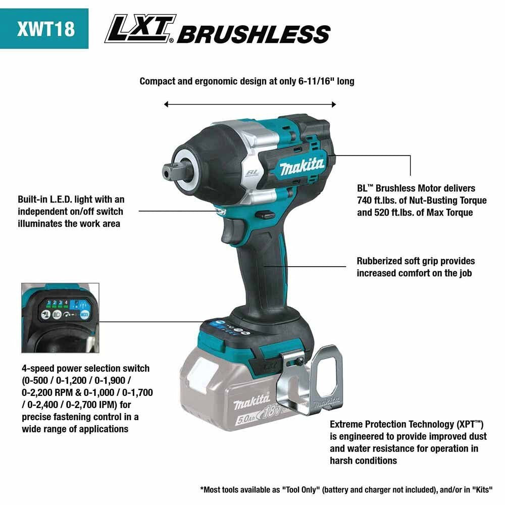 Makita XWT18T 18V LXT Brushless 4-Speed Mid-Torque 1/2" Sq. Drive Impact Wrench Kit w/ Detent Anvil