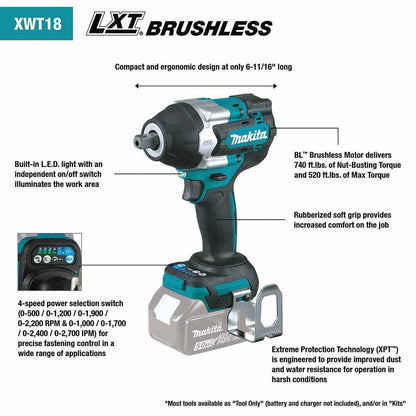 Makita XWT18T 18V LXT Brushless 4-Speed Mid-Torque 1/2" Sq. Drive Impact Wrench Kit w/ Detent Anvil