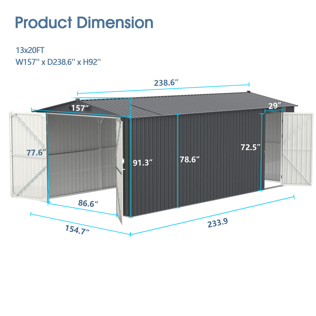 13FT x 20FT Metal Shed with Double Front Doors & Side Entry Door