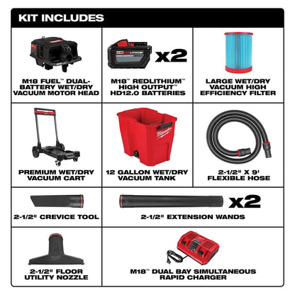 Milwaukee 0930-22HD M18 FUEL 12-Gallon Dual-Battery Wet/Dry Vacuum Kit