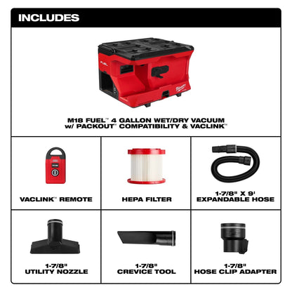 Milwaukee 0971-20 M18 FUEL 4Gal. Wet Dry Vacuum with Packout Compatibility and VACLICK