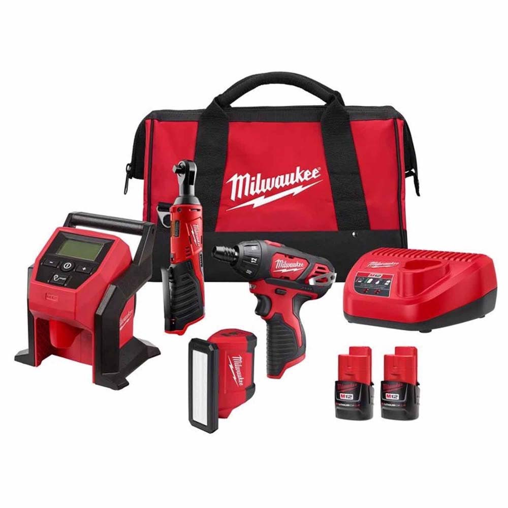 Milwaukee 2492-24 M12 4-Tool Cordless Combo Kit with Hex Screwdriver, Flood Light, Inflator and 3/8 in Ratchet (4 Tool Kit)