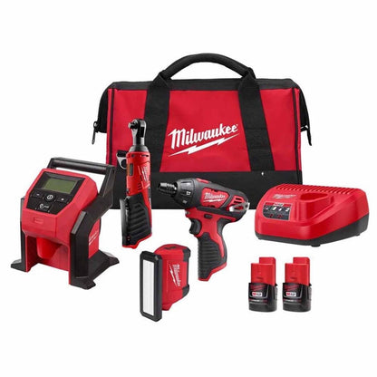 Milwaukee 2492-24 M12 4-Tool Cordless Combo Kit with Hex Screwdriver, Flood Light, Inflator and 3/8 in Ratchet (4 Tool Kit)