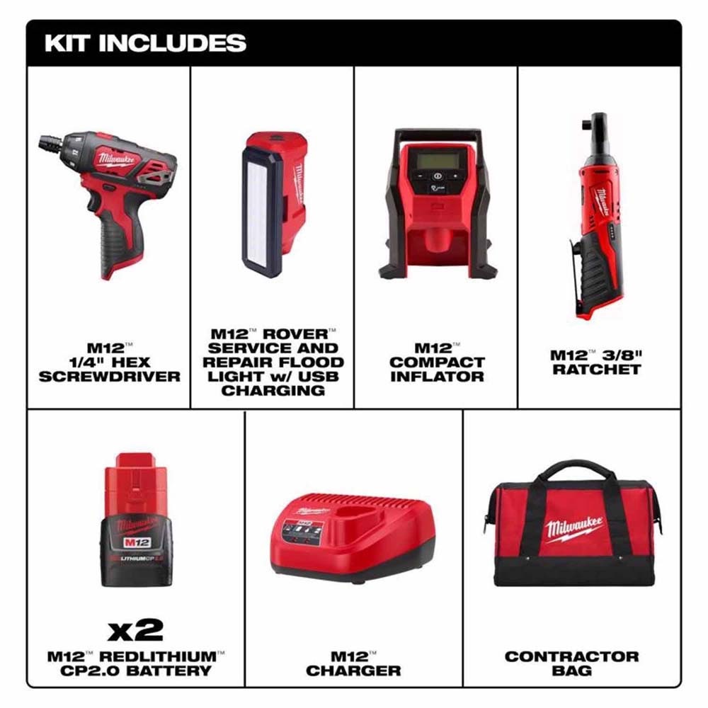 Milwaukee 2492-24 M12 4-Tool Cordless Combo Kit with Hex Screwdriver, Flood Light, Inflator and 3/8 in Ratchet (4 Tool Kit)
