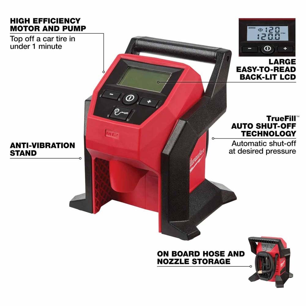 Milwaukee 2492-24 M12 4-Tool Cordless Combo Kit with Hex Screwdriver, Flood Light, Inflator and 3/8 in Ratchet (4 Tool Kit)