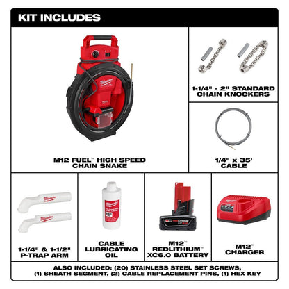 Milwaukee 2519-21 M12 FUEL High Speed Chain Snake for 1-1/4”-2” Pipes