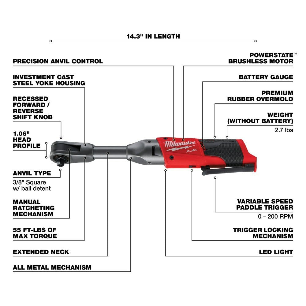 Milwaukee 2560-20 M12 FUEL 3/8" Extended Reach Ratchet Bare Tool