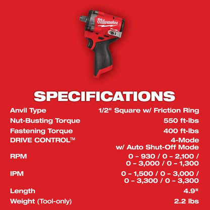 Milwaukee 2563-20 M12 FUEL Stubby 1/2" Impact Wrench