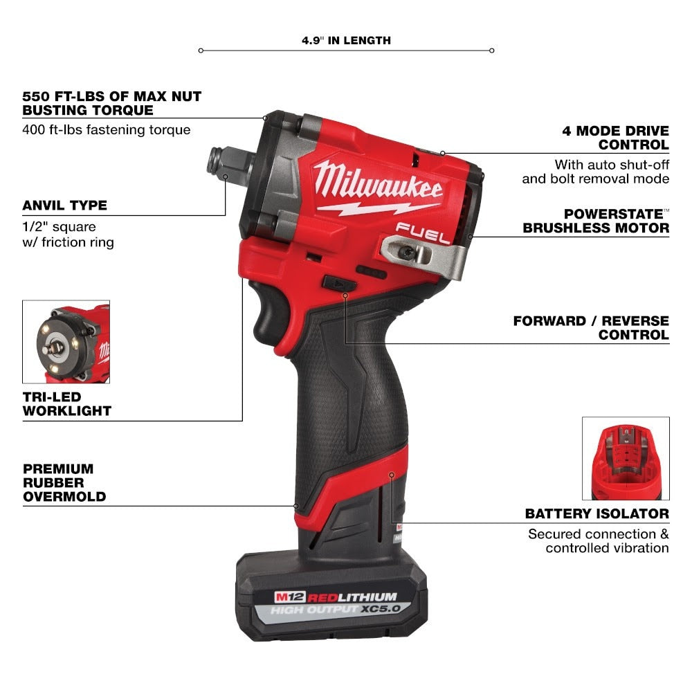Milwaukee 2563-22 M12 FUEL Stubby 1/2" Impact Wrench Kit