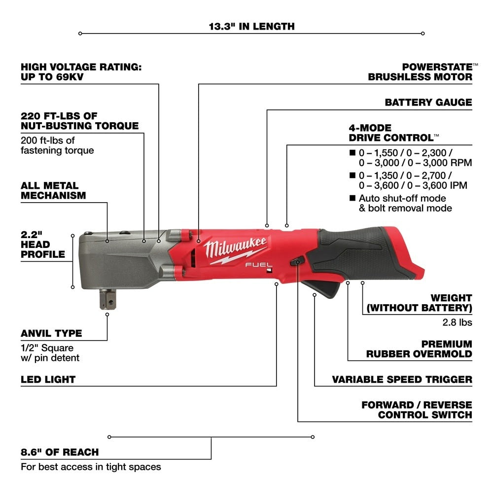 Milwaukee 2565P-20 M12 FUEL 1/2" Right Angle Impact Wrench w/ Pin Detent (Bare Tool)