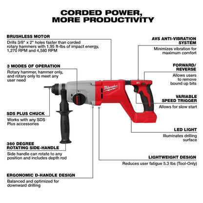 Milwaukee 2613-20 M18 Brushless 1" SDS Plus D-Handle Rotary Hammer